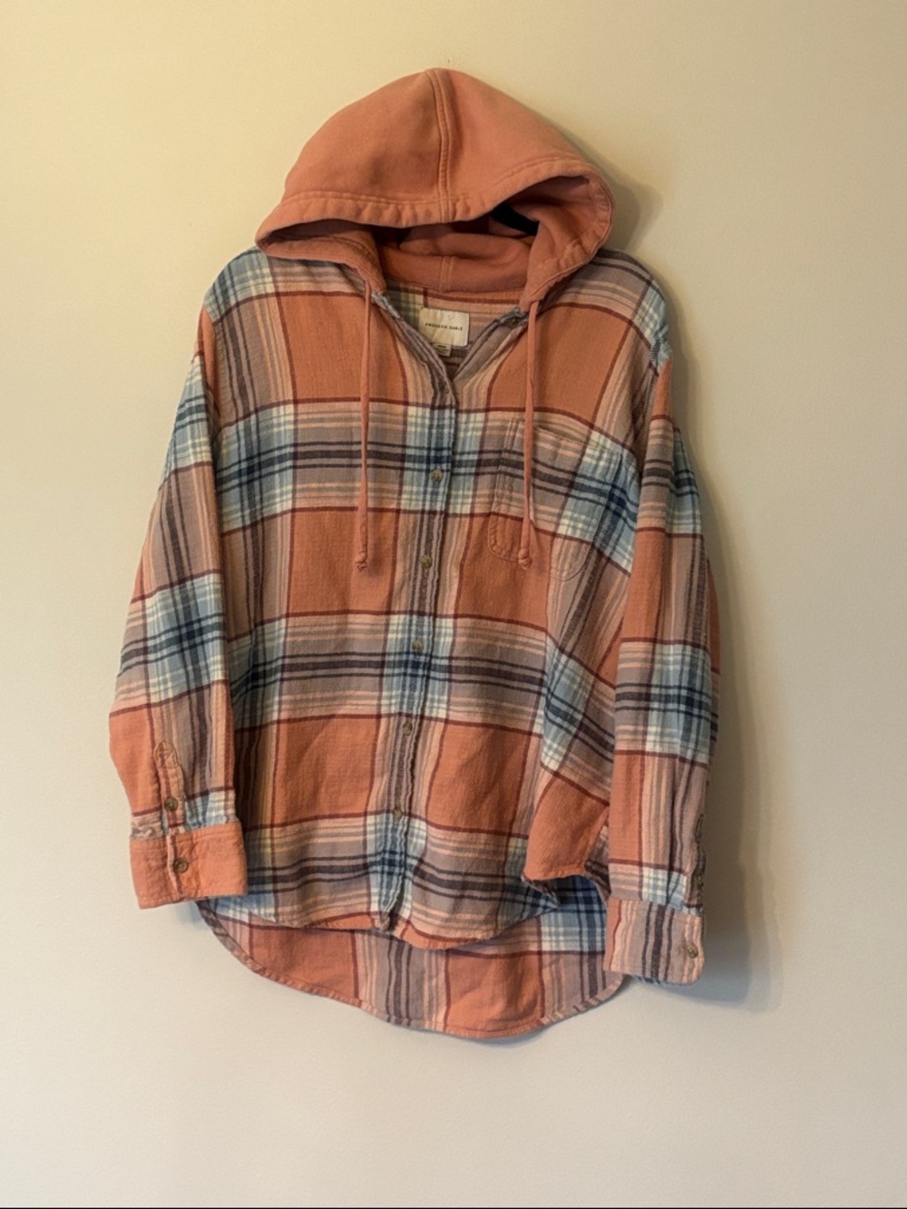 American Eagle Outfitters Peach Plaid Button-Down Hooded Shirt